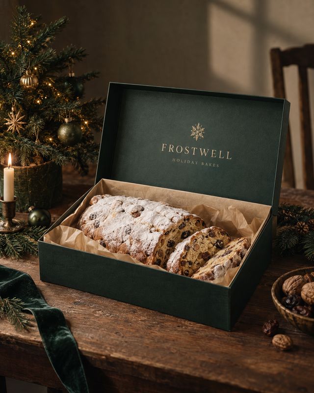 holiday stollen loaf christmas product photo: A powdered-sugar stollen loaf sits in an open dark green gift box on a rustic wooden table beside a warmly lit Ch…