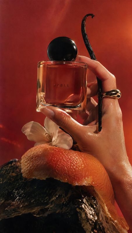 perfume bottle product in hand product photo: A hand presents a glass perfume bottle among citrus fruit, a pale flower, and dark natural textures against a ric…