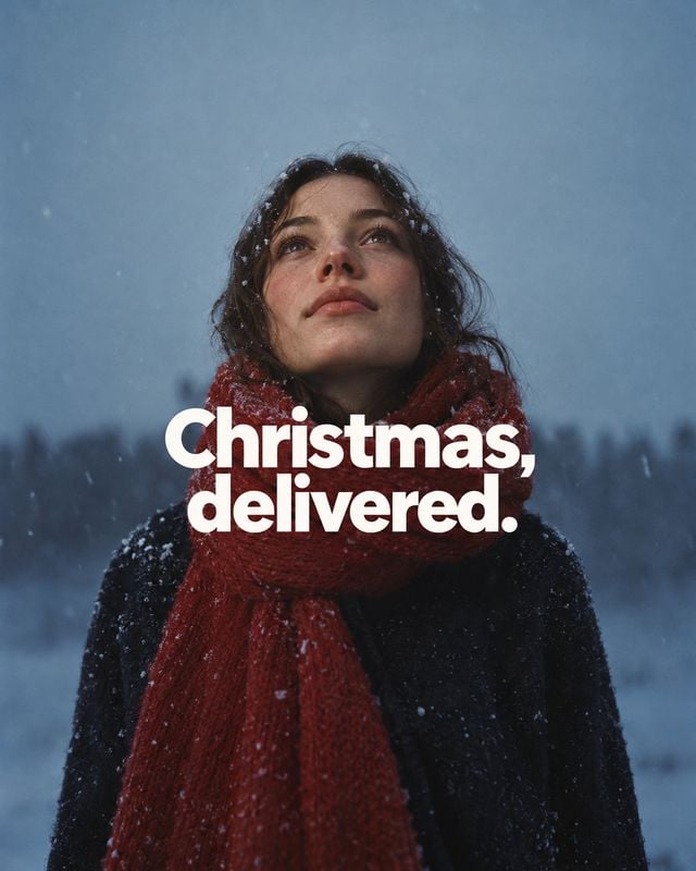 red scarf christmas product photo: A woman in a dark coat and chunky red scarf looks upward as snow falls around her, with bold white “Christmas, delivered.” t…