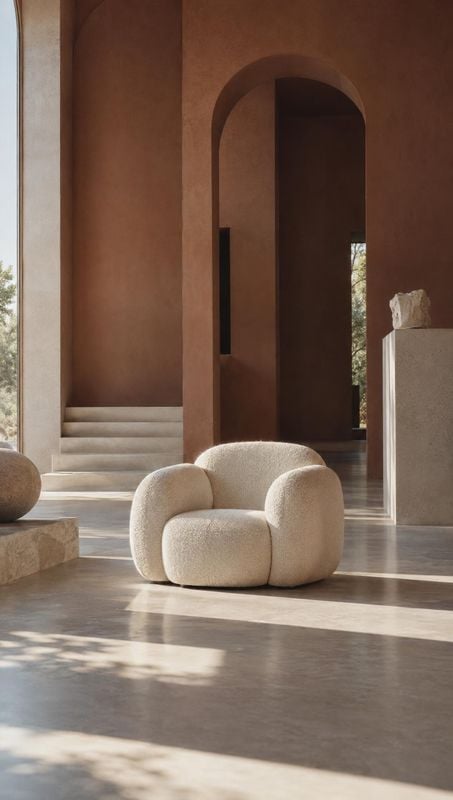 upholstered armchair room set product photo: A softly textured cream armchair sits in a sculptural terracotta-toned interior, with arched openings and warm sun…