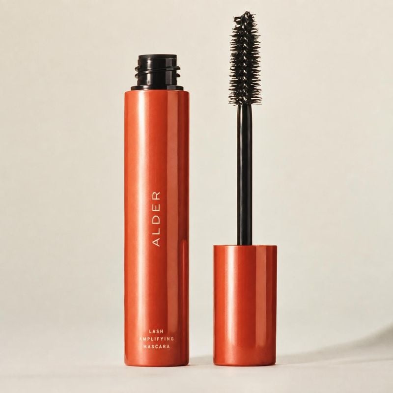 mascara beauty product photo: An orange mascara tube and its black wand stand against a warm off-white studio backdrop, lit softly to emphasize the glossy pack…