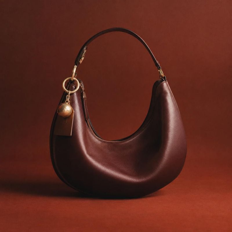 leather shoulder bag fashion product photo: A sculptural burgundy leather shoulder bag with gold-tone hardware is centered against a warm rust studio backdrop,…