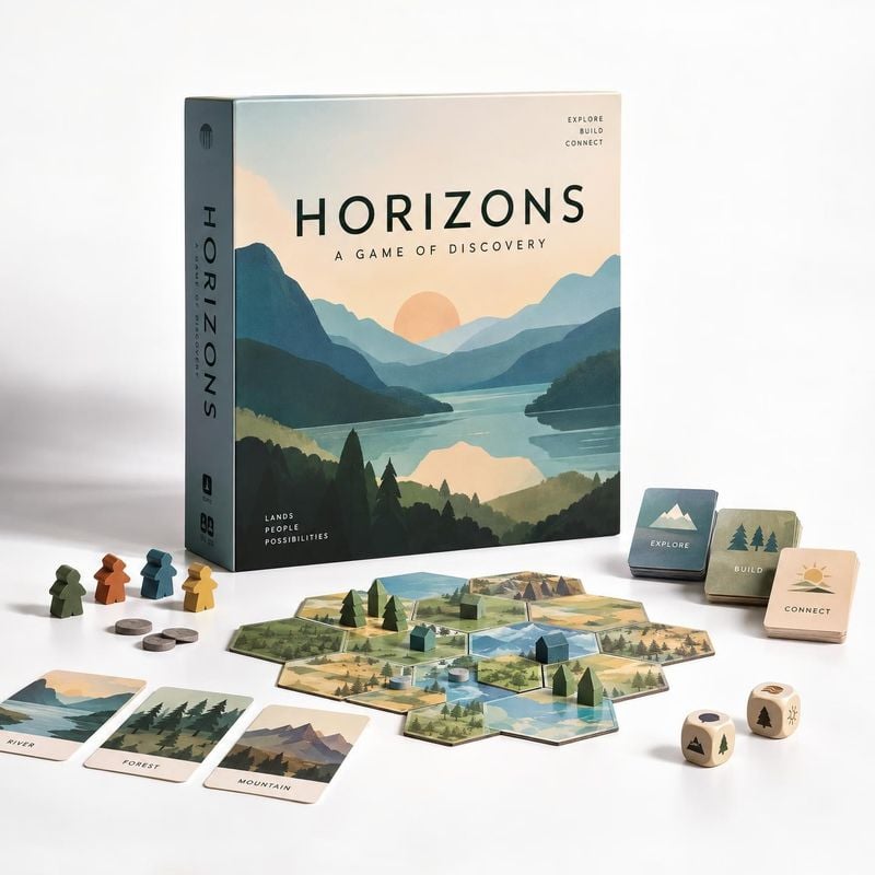 Horizons board game toys product photo: A boxed landscape-themed board game is staged with its illustrated tiles, cards, wooden pieces, and dice on a bright wh…