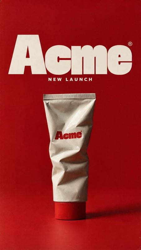 cosmetic cream tube packshot product photo: A crumpled silver cosmetic tube with a red cap stands against a vivid red studio backdrop beneath oversized cream-c…