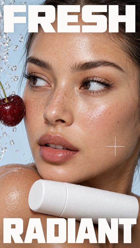 white cosmetic tube splash / pour product photo: A close-up beauty portrait with dewy skin, water droplets and a cherry beside a white cosmetic tube, framed by…