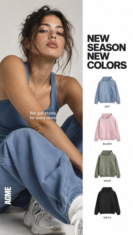sweatshirt and sweatpants group lineup product photo: A woman poses in a blue casual outfit beside a bold new-season headline and a lineup of sweatshirts in se…