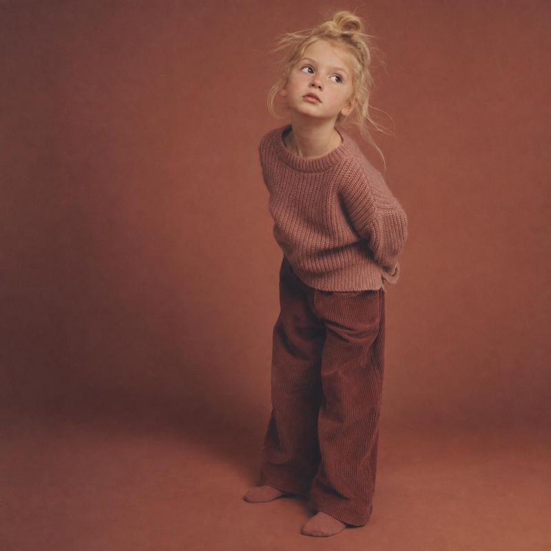 children's knitwear outfit autumn product photo: A young girl in a dusty rose knit sweater and corduroy trousers poses against a warm terracotta studio backdro…