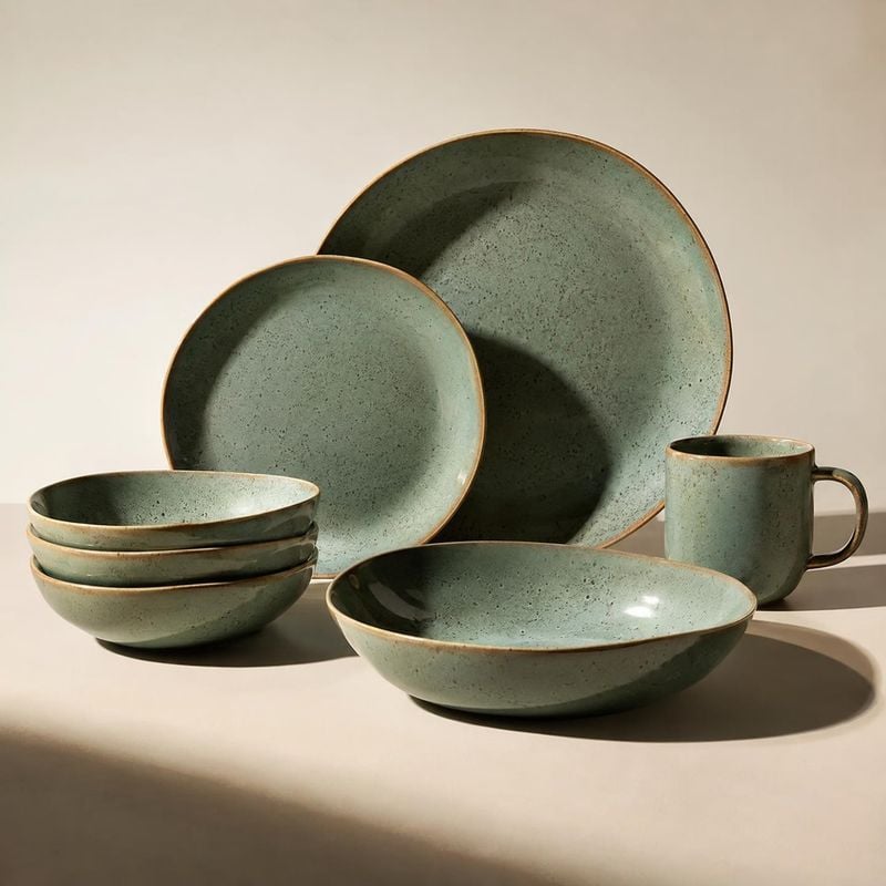 ceramic dinnerware set group lineup product photo: A coordinated set of speckled sage-green ceramic plates, bowls, and a mug is arranged against a warm neutral…