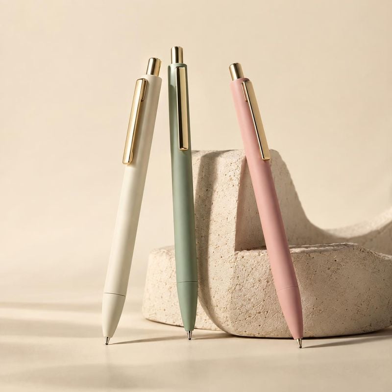pens group lineup product photo: Three pastel-colored pens with gold accents stand against a warm beige backdrop, arranged around a sculptural stone prop in so…