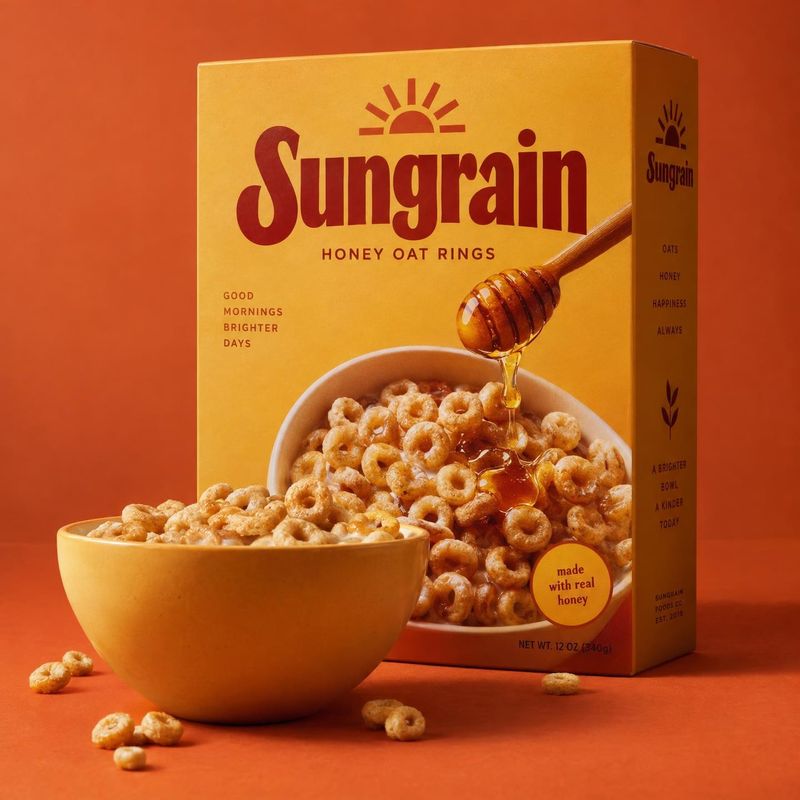 honey oat cereal food and drink product photo: A bright yellow cereal box and a bowl of honey oat rings sit against a warm orange studio backdrop, with a honey…