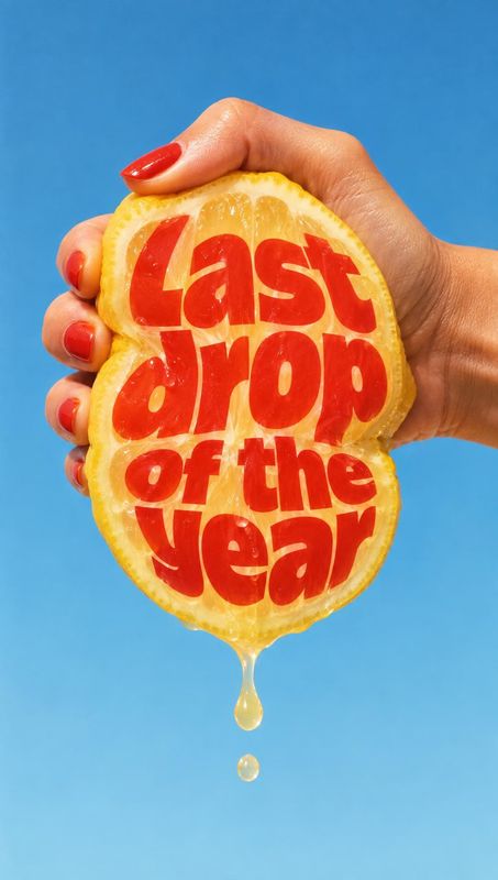 lemon splash / pour product photo: A manicured hand squeezes a lemon against a bright blue studio backdrop, with bold red lettering across the fruit and juice…
