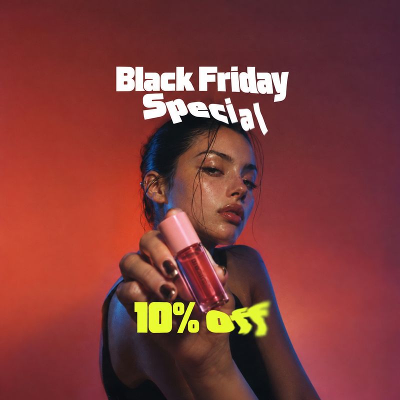 lip gloss product in hand product photo: A woman presents a pink lip gloss toward the camera against a dramatic red-and-blue studio backdrop, with bold white B…