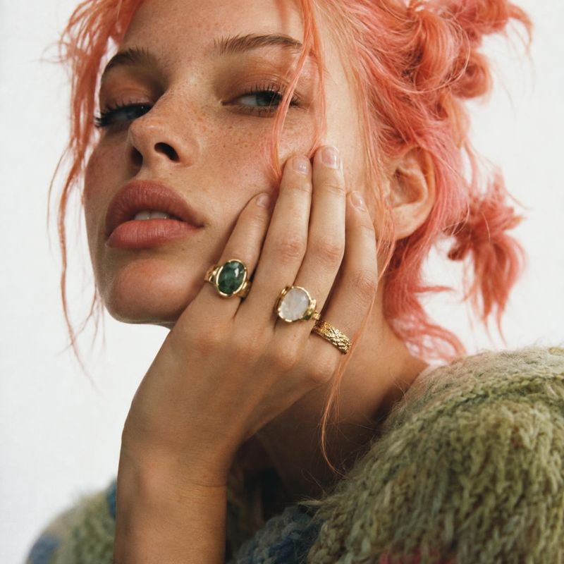 gold rings beauty close-up product photo: A close editorial portrait shows a woman with coral-pink hair wearing gold gemstone rings, softly lit against a pale…