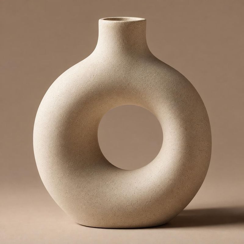 ceramic decorative vase home product photo: A sculptural cream ceramic vase with a rounded open center stands against a warm taupe studio backdrop, softly lit…