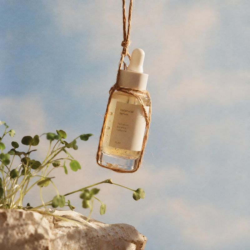 botanical serum lifestyle scene product photo: A dropper bottle of botanical serum wrapped in twine hangs above leafy plants and pale stone, lit by soft natura…