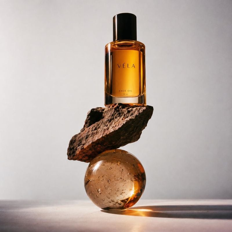 face oil black friday product photo: An amber face-oil bottle is balanced atop sculptural rock and a translucent sphere against a softly lit neutral studio bac…