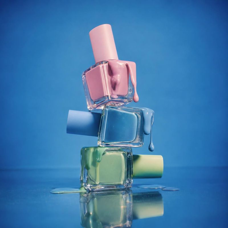 nail polish texture / swatch product photo: Three glass nail polish bottles in pink, blue, and green are stacked against a vivid blue studio backdrop, with glo…