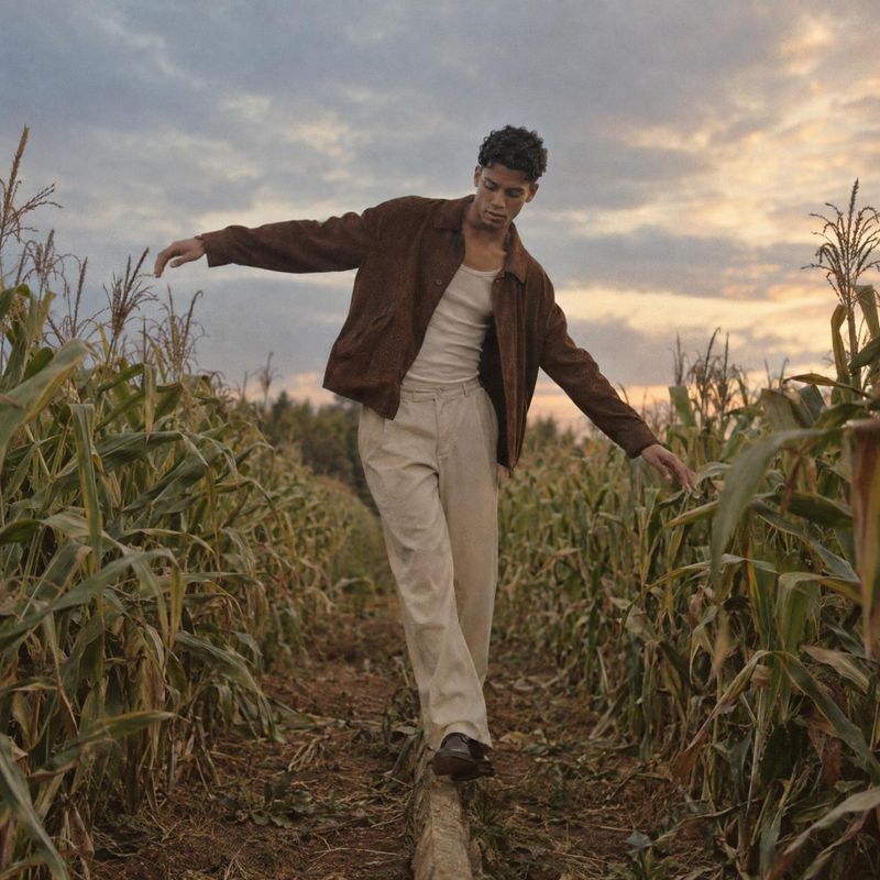 men’s jacket and trousers autumn product photo: A male model in a brown jacket and light trousers balances along a path through a cornfield, with soft golden-h…