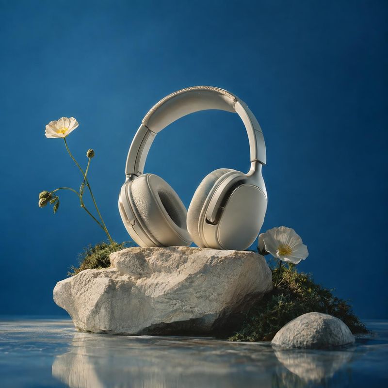 over-ear headphones electronics product photo: Cream-colored over-ear headphones sit on a sunlit rock among small flowers beside calm water, against a deep blu…