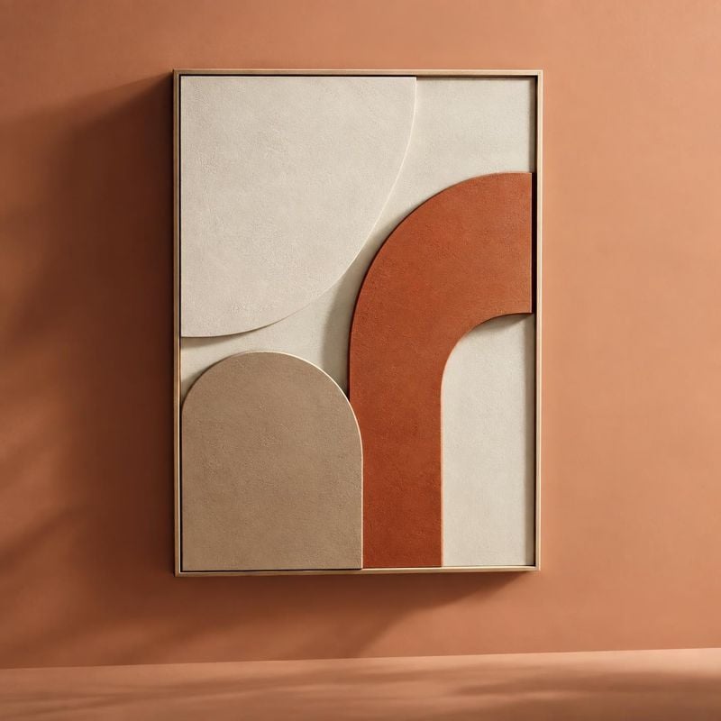 framed abstract wall art lifestyle scene product photo: A framed abstract artwork in warm terracotta, cream, and taupe hangs against a matching interior wall,…