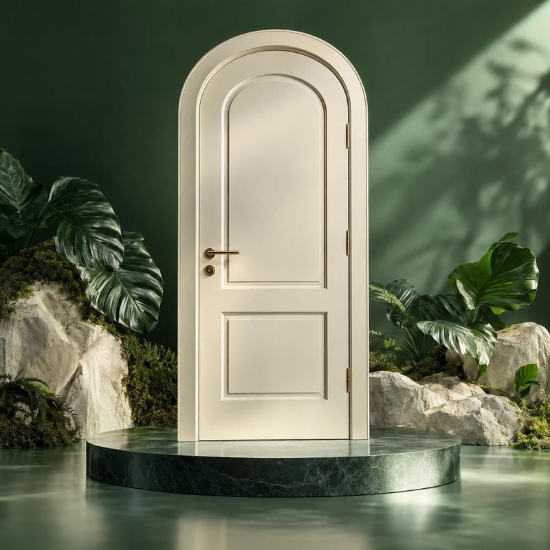 arched door lifestyle scene product photo: A cream arched door stands on a round stone platform amid tropical foliage, pale rocks and still water, with dramati…