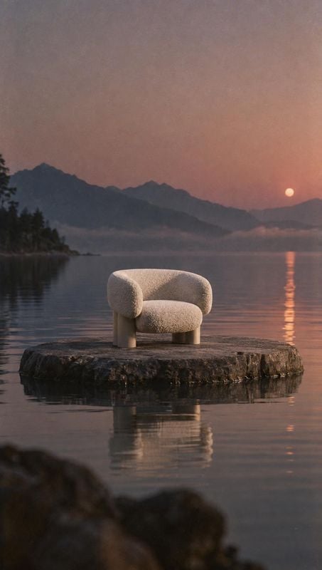 upholstered accent chair lifestyle scene product photo: A softly textured upholstered chair sits alone on a rocky platform in a still lake, framed by distant m…