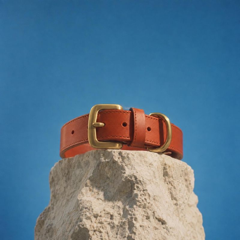 leather belt close-up detail product photo: A reddish-brown leather belt with brass-tone buckles rests on a pale rough stone against a vivid blue backdrop, lit…
