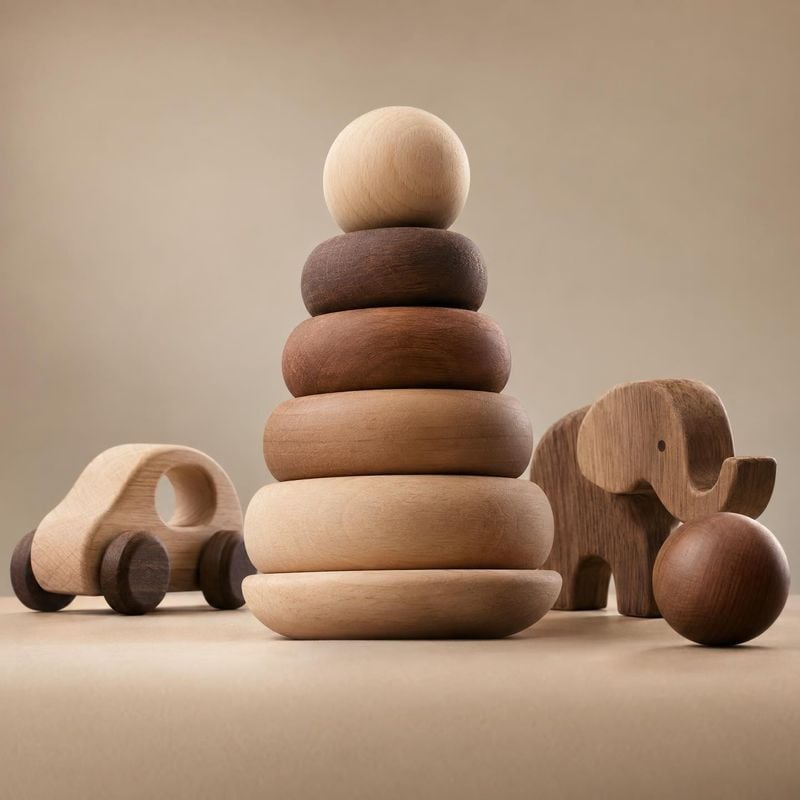 wooden stacking ring toy set toys product photo: A wooden stacking ring toy stands with a small wooden car, elephant and ball against a warm neutral studio bac…