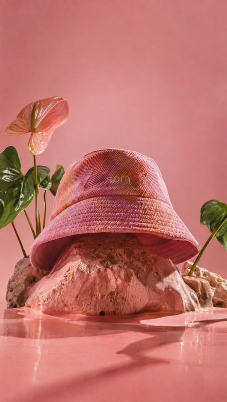 pink bucket hat fashion product photo: A pink bucket hat rests on a textured rock amid glossy tropical leaves and shallow water, staged against a seamless pink…