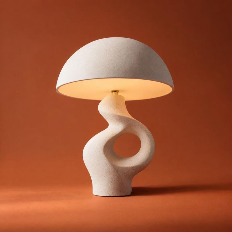 sculptural table lamp home product photo: A sculptural cream-colored table lamp glows against a warm terracotta studio backdrop, with soft shadows and clean sp…