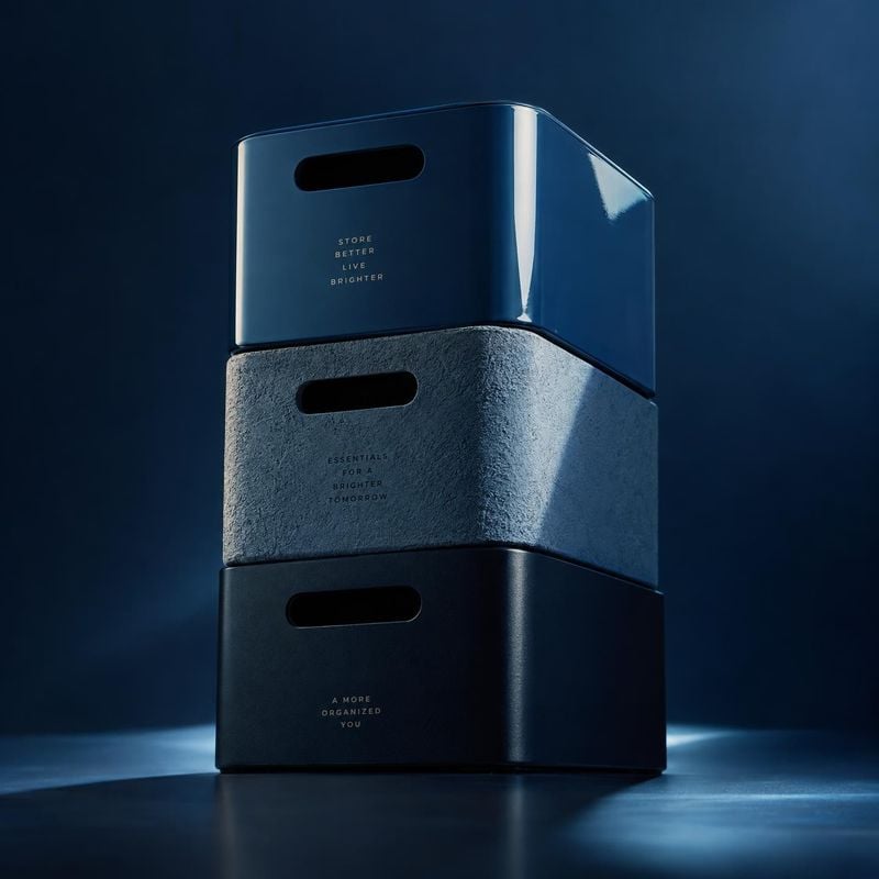 stackable storage boxes group lineup product photo: Three dark-toned storage boxes are stacked against a deep blue studio backdrop, with directional cool light…