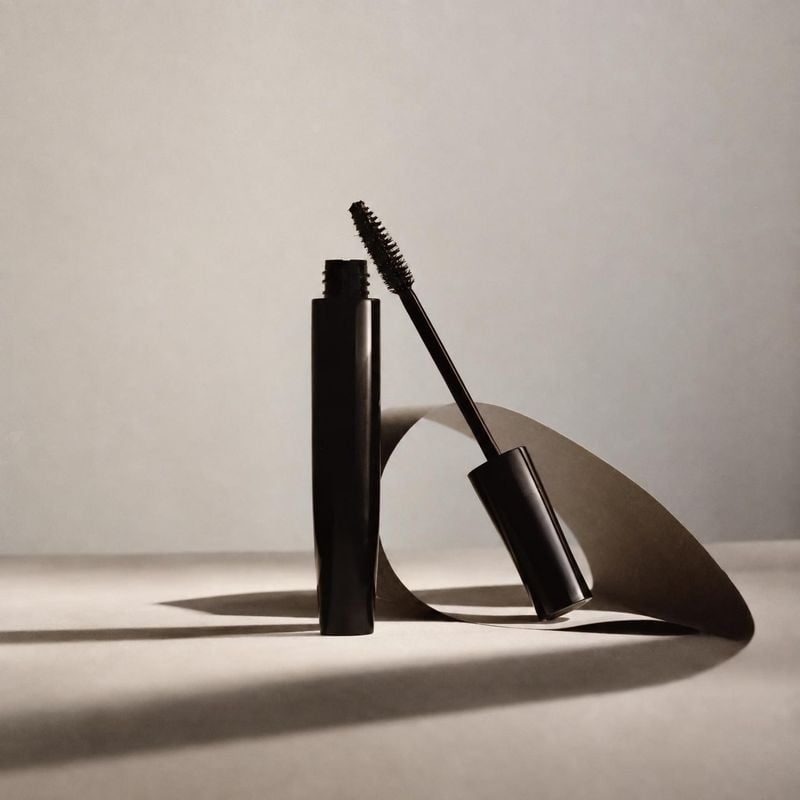 mascara beauty product photo: A black mascara tube and wand are arranged against a warm neutral studio backdrop, with sculptural curved material and directiona…