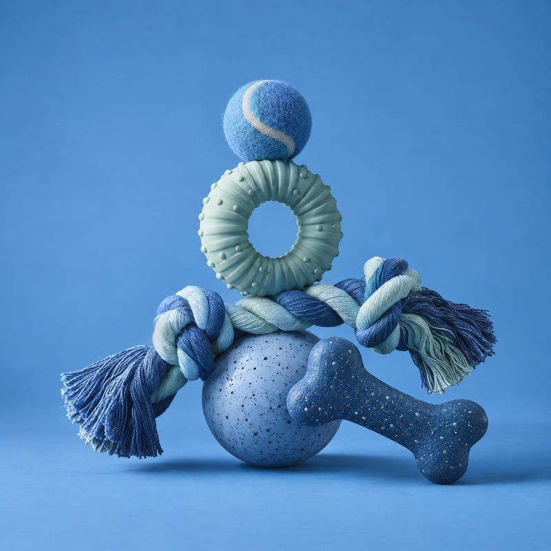 assorted dog toys pet product photo: A sculptural arrangement of blue-toned dog toys sits against a seamless blue studio backdrop, with soft directional light…