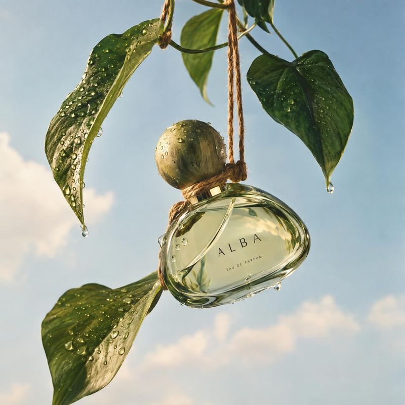 perfume bottle lifestyle scene product photo: A glass perfume bottle hangs among dew-covered green leaves against a pale blue sky, with warm natural sunlight c…