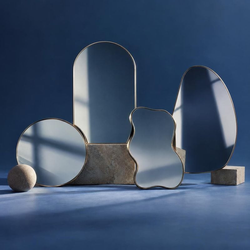 decorative mirrors group lineup product photo: Several sculptural mirrors with slender metallic frames are arranged on stone blocks against a deep blue studio…