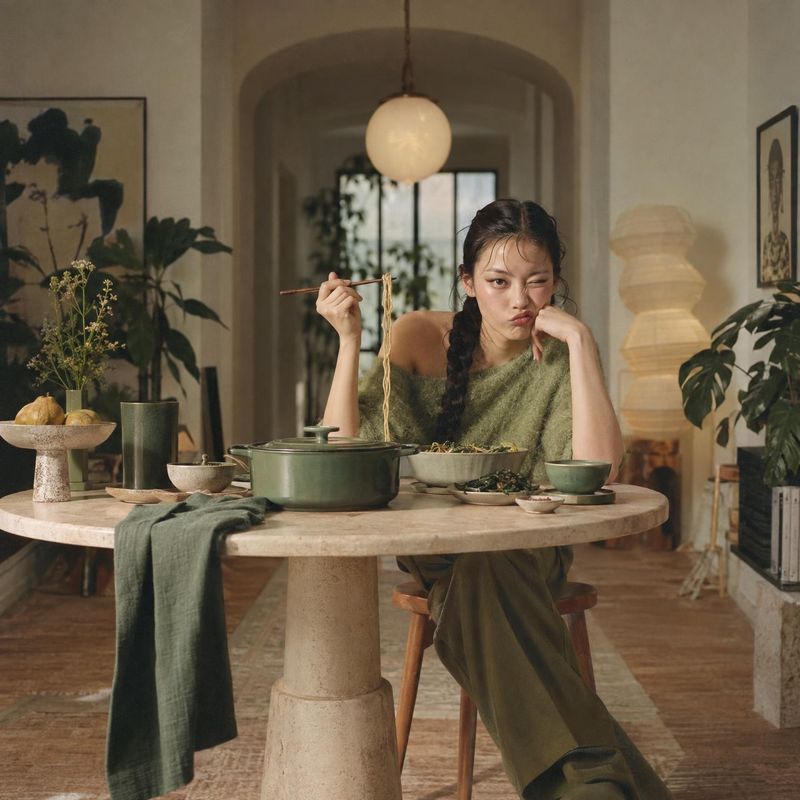 green cookware pot lifestyle scene product photo: A woman in an olive-green outfit sits at a rustic dining table with green cookware and bowls, framed by warm…