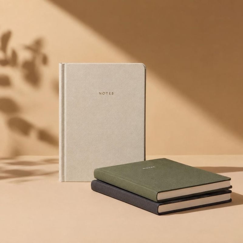 notebooks stationery product photo: Three clothbound notebooks in neutral tones are arranged against a warm beige studio backdrop, with soft directional light…