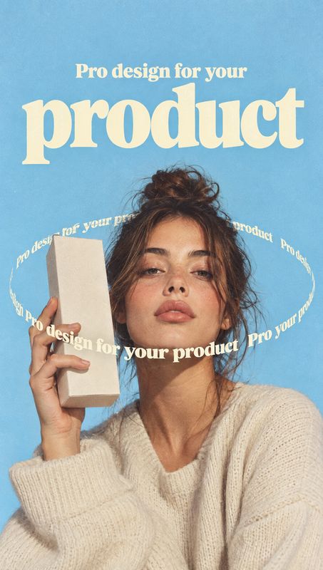 product in hand product photo: A woman in a soft cream sweater holds a plain rectangular box against a bright blue backdrop, framed by oversized cream typograp…