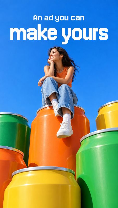 colorful beverage cans lifestyle scene product photo: A smiling woman in an orange top, jeans and white sneakers sits atop oversized colorful beverage cans ben…
