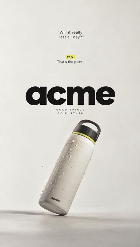 reusable water bottle packshot product photo: A condensation-covered reusable bottle tilts against a pale studio backdrop beneath bold black lettering and a sm…