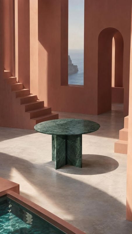 stone table room set product photo: A sculptural dark green stone table sits in a sunlit terracotta interior with geometric stairs, an arched doorway, and a se…