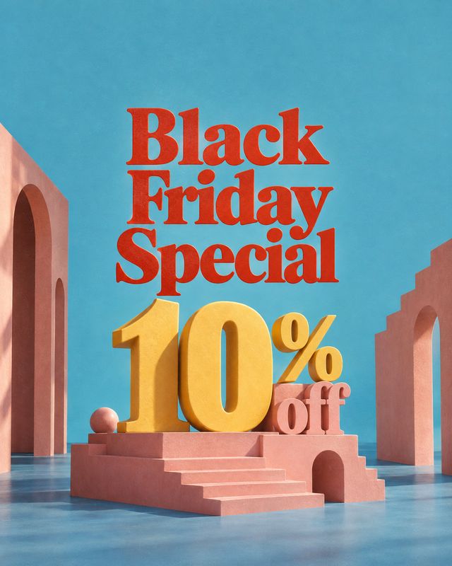 exterior / architecture product photo: A sculptural 10% off offer sits on pink geometric steps between architectural arches against a bright turquoise sky, wit…
