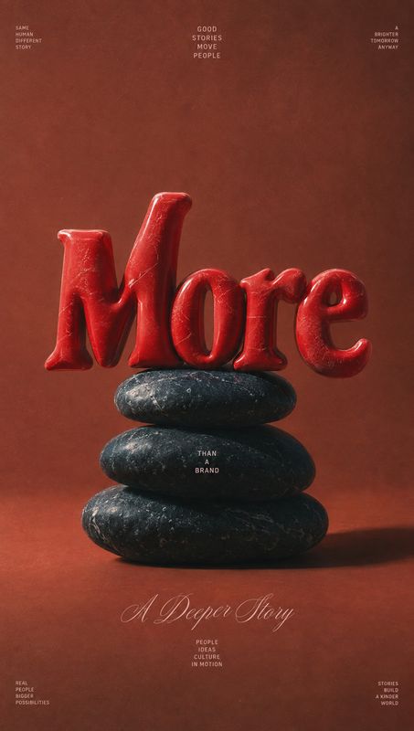 close-up detail product photo: A glossy red sculptural “More” rests on stacked dark stones against a rust-red backdrop, with small white typography framing the…