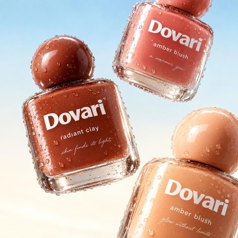 cosmetic blush bottles beauty product photo: Three glossy blush bottles covered in water droplets float against a pale blue-to-cream backdrop, with bright soft…