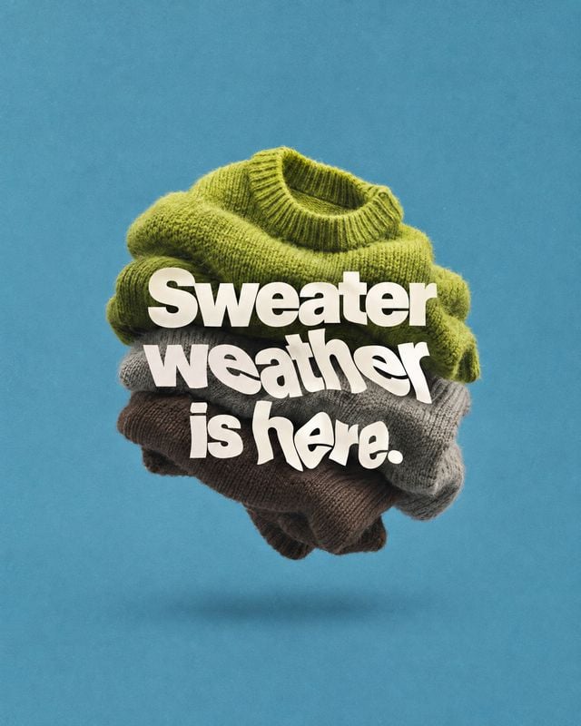 sweaters floating product product photo: A stack of colorful knit sweaters floats against a textured blue backdrop, with bold white seasonal lettering and a pl…