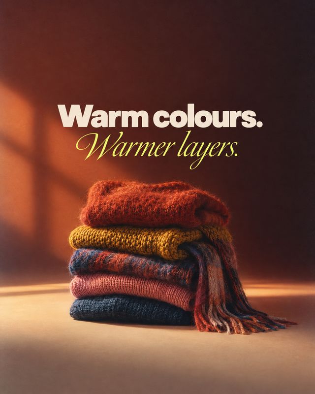 knitted scarves autumn product photo: A stack of colorful knitted scarves sits in warm, low autumnal light beneath the headline “Warm colours. Warmer layers.”