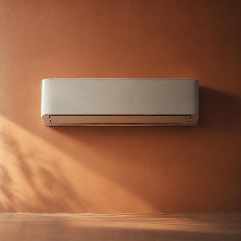 wall-mounted air conditioner lifestyle scene product photo: A minimalist wall-mounted air conditioner is centered against a warm terracotta wall, with soft ang…