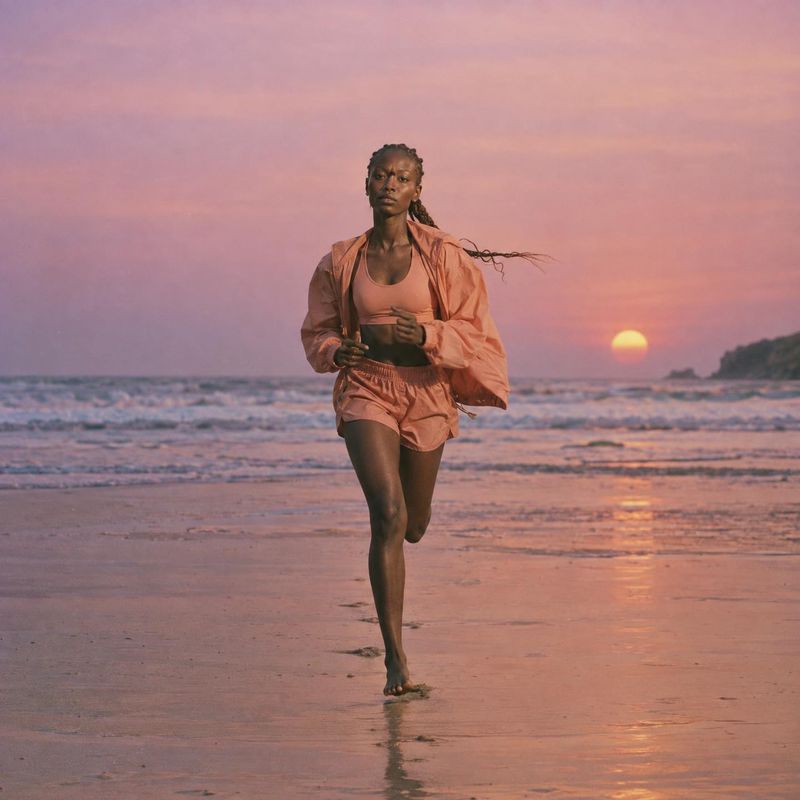 activewear set action & motion product photo: A woman runs barefoot along the shoreline in a peach activewear set, framed against a softly glowing pink sunset…