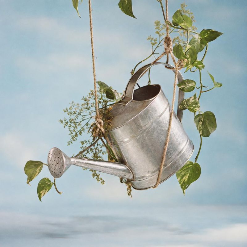 metal watering can floating product product photo: A weathered metal watering can hangs among trailing green vines against a soft blue sky-like backdrop, with…