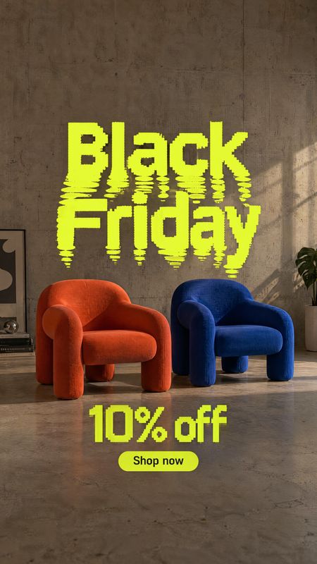 upholstered armchairs room set product photo: Two sculptural armchairs in orange and blue sit in a warm, textured interior beneath vivid yellow Black Friday sa…